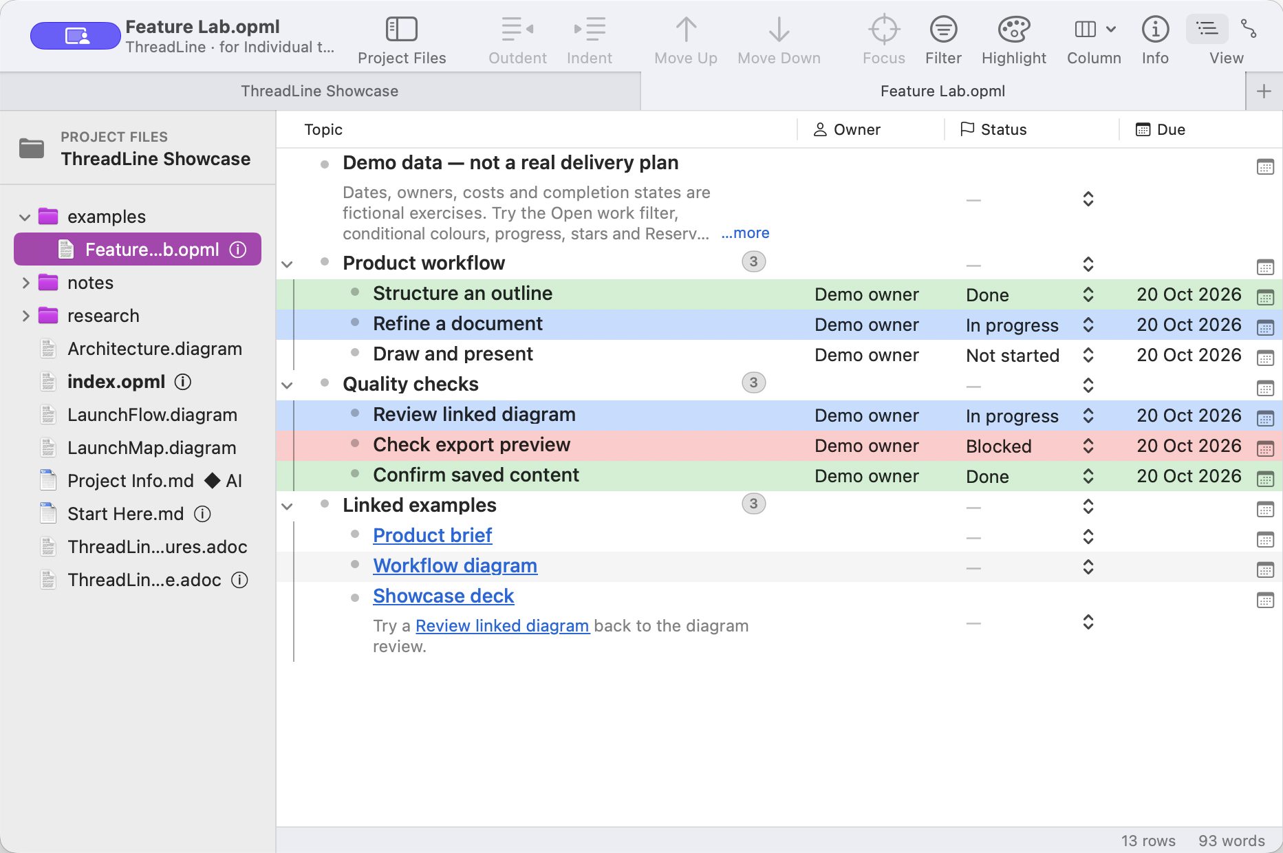 ThreadLine outline with nested project tasks, typed Owner, Status and Due columns, and the Project Files sidebar